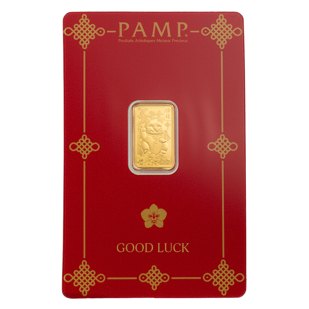 2.5g Gold Bar Lucky Cat front